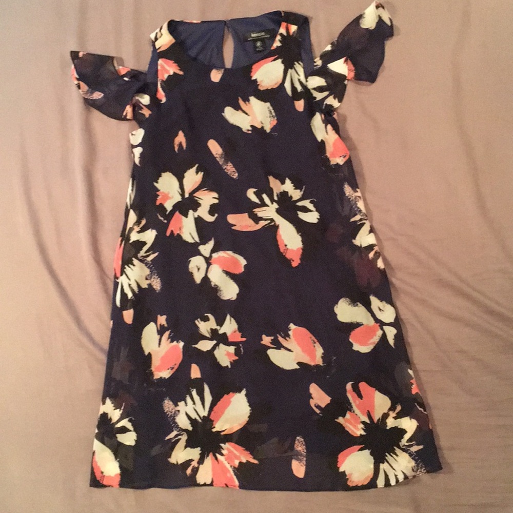 Navy blue and pink floral dress cold shoulders.